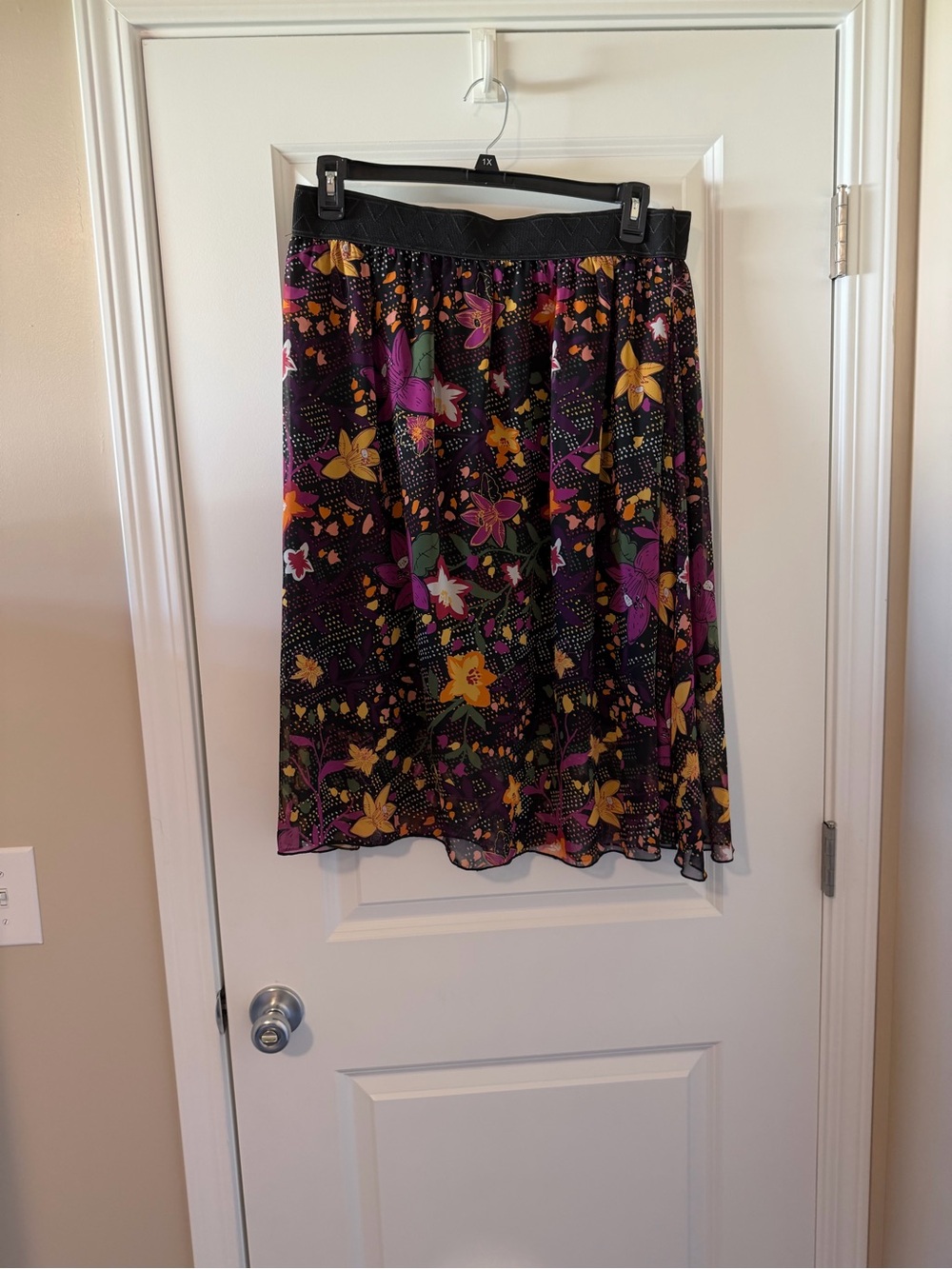 LuLaRoe Black Midi Skirt with Purple & Yellow Floral Print